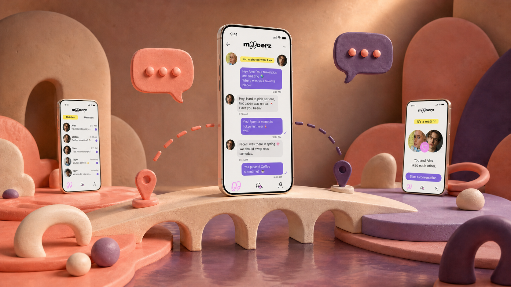 Expérience Mooderz reliée par un pont sculptural entre profils et conversations