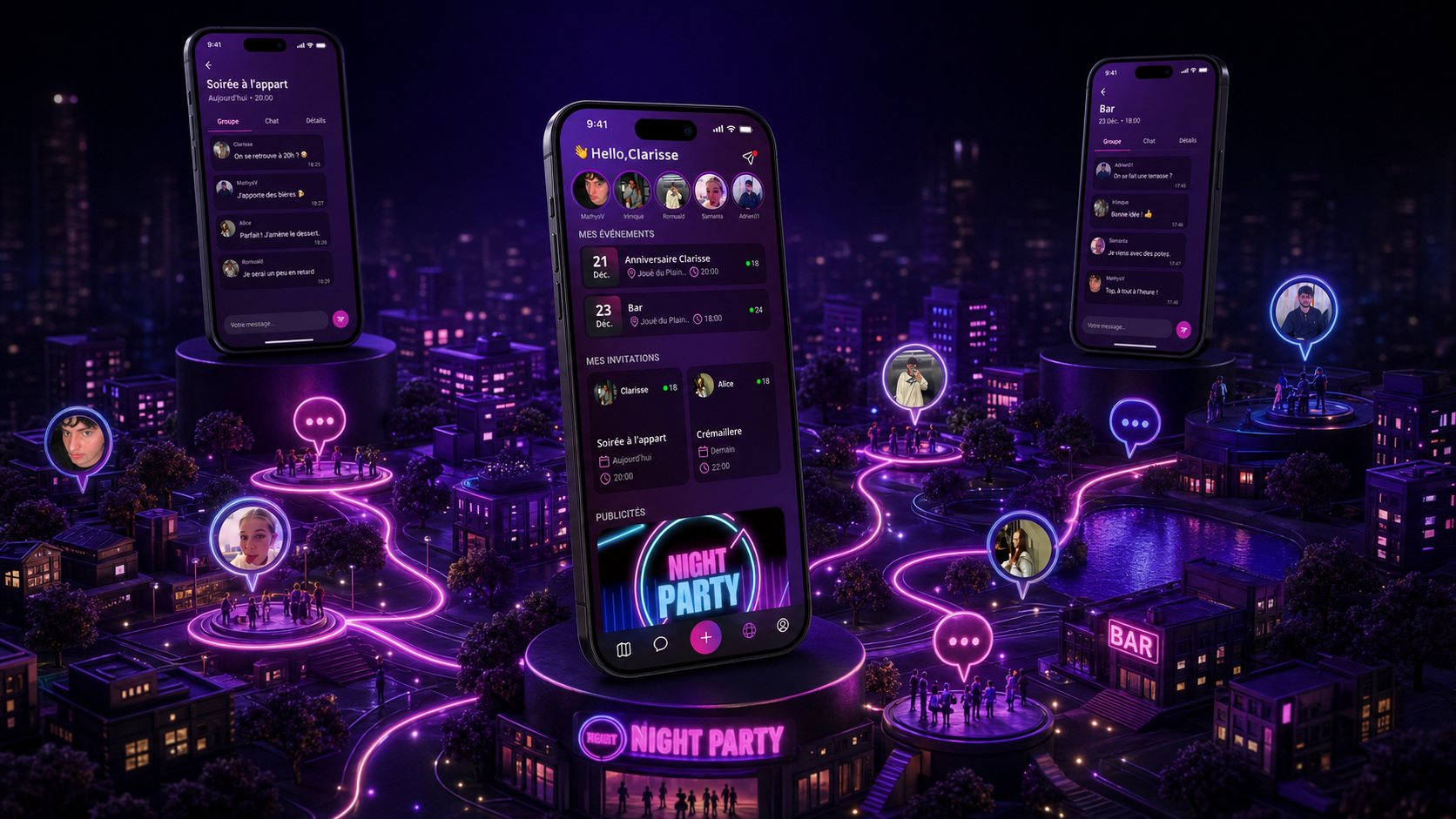 Groupes et conversations NightParty reliés dans une ville nocturne miniature