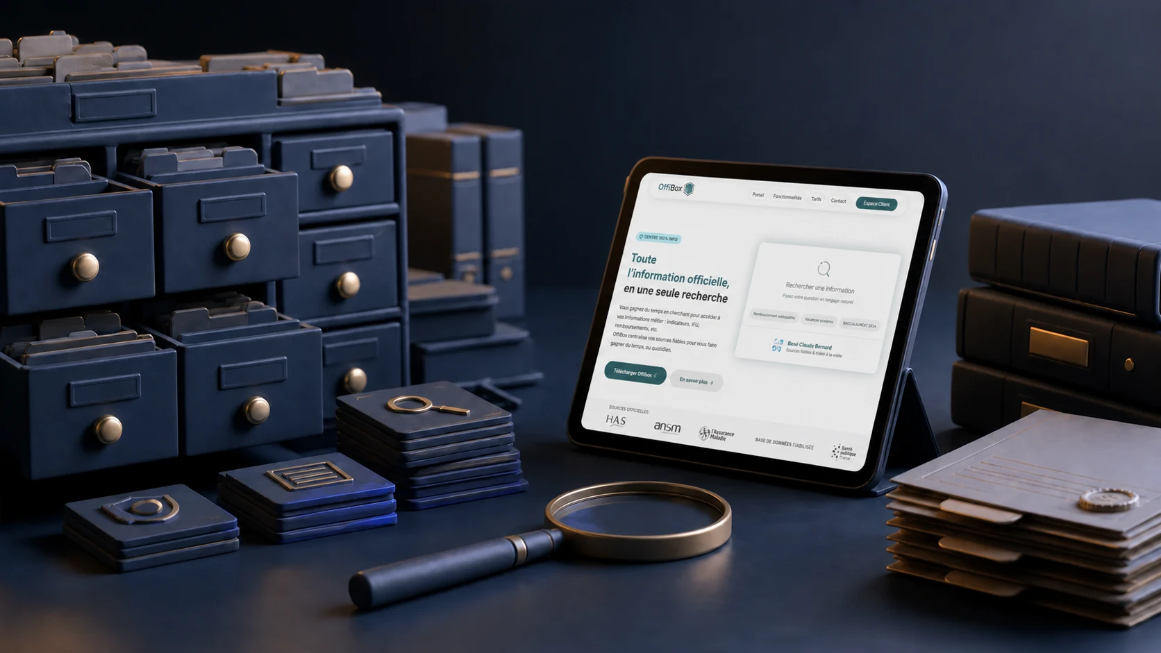 Interface de recherche Offibox pour le quotidien d’une pharmacie, affichée sur une tablette
