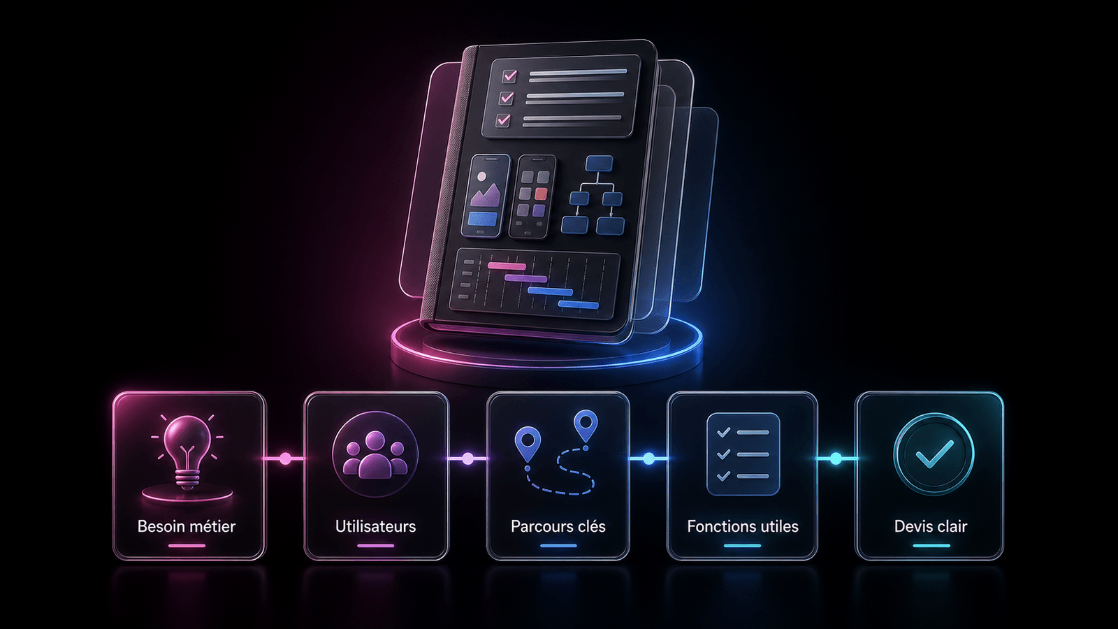 Infographie 3D montrant les étapes d’un cahier des charges simple pour application: besoin métier, utilisateurs, parcours clés, fonctions utiles et devis clair